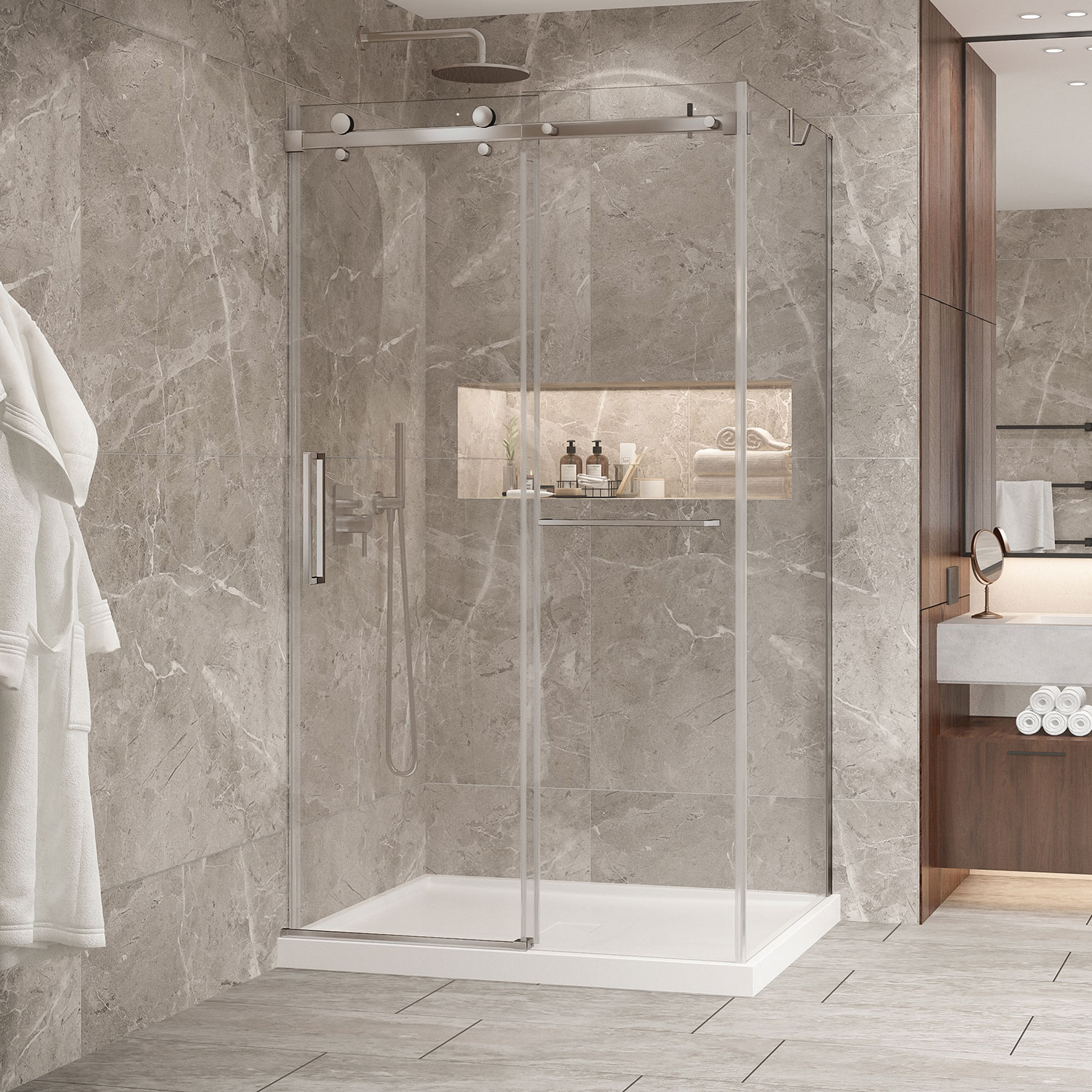 Base de douche 48 x 36, en coin, mur à gauche, en blanc lustré